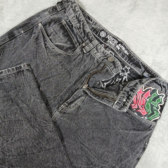 Ninth Fall Other - Ninth Fall Ambush Jeans Mens 36 Acid Wash Black Denim Embroidered Graffiti Snake